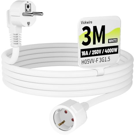 Vickwire Verlängerungskabel 3m Kabel Kabelverlängerungen mit Schutzkontakt Stecker Schuko Verlängerung 16A/250V, Weiß, H05VV-F 3G1,5 mm²