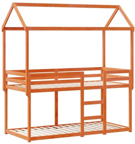 vidaXL Etagenbett, Hochbett mit Dach Leitplanken, Stockbett für Schlafzimmer, Bett Holzbett Einzelbett, Wachsbraun 90x190cm Massivholz Kiefer