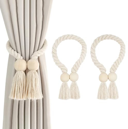 2 Piezas Alzapaños de Cortina Magnéticos, Sujeta Cortinas con Iman mit Cuentas de Madera, Alzapaños de Decoración Cortina, Alzapaños Cortinas para Office, Ventana, Hotel, Home Cortinas