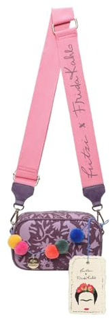 Fritzi x Frida Kahlo Easy Go Canvas Crossbody Bag Damen Umhängetasche Handtasche Freizeit Alltag Festival Reißverschluss Canvas 12 x 19.5 x 7.5 cm – Violett, Gelb, Lila, Orange, Grün, Pink, Blau