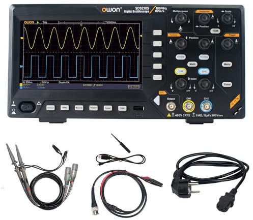 OWON Digitales Oszilloskop mit Zweikanalkanälen und 7-Zoll-Bildschirm, TFT-LCD-Display, tragbares Oszilloskop mit 1GS/s Abtastrate, Bandbreite 100 MHz, 8K Wellenformlänge, SDS210S