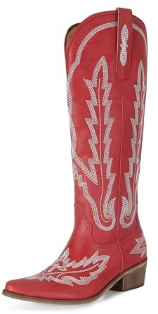 STALOV Stivali da cowboy da donna, stile western, a punta, tacco grosso, altezza al ginocchio, alla moda, ricamati, alti, Rosso, 38.5 EU