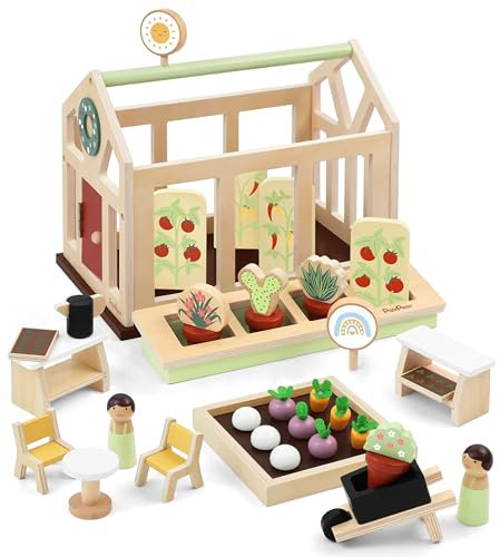 PairPear Puppenhaus Möbel Blumengarten Spielhaus Set, Holzspielzeug für Kleinkinder Puppenhaus Garten Spielzeug, Rollenspiel Lebensmittel Set für Mädchen und Jungen ab 3 Jahren Flower Garden Toy