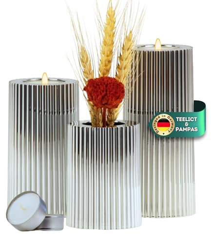 DecoValeira - 3er Set Dauerkerze (Ø 6,9 cm, H 9, 12, 15 cm) - Teelichthalter, Kerzenhalter in Kerzenoptik, Windlicht für handelsübliche Teelichter-Deko Kerzen, Tischdeko, Wohnzimmer Deko (Silver)