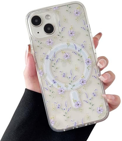 ZTOFERA Magnetisch Hülle für iPhone 13, iPhone 14, Transparent Soft Handyhülle mit Blume Muster [Kompatibel mit MagSafe Kabellosem Laden], Stoßfeste Schutzhülle für iPhone 13/14 6,1- Lila Blume
