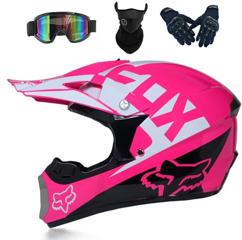 SMTSEC Casque De Moto pour Jeunes Casque De Motocross Enfants Adultes Casques De Cross Tout-Terrain Casque De Moto VTT MX Enduro Casque Intégral avec Lunettes Masque Gants Casque De Descente,Pink-S