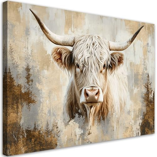 Feeby Leinwandbild - Bilder Wohnzimmer - Schottische Kuh Beige Gold - 120x80 cm XXL 1tlg - Deko Schlafzimmer - Wanddekoration - Aesthetic - Groß Moderne Bild - Foto auf Leinwand