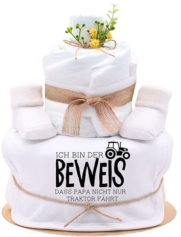 Trend Mama® | Windeltorte | Sprüche | 27 Windeln (Größe 2), Baby Lätzchen, Kuschelsocken |Geschenk Geburt (Design| Beweis, dass Papa nicht nur Traktor fährt)