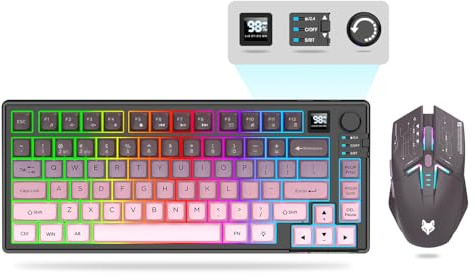 75 ％ Wireless Gaming Keyboard and Mouse Combo, Mechanical Keyboard + 3D 1600DPI Mice, 2000mAh Battery, RGB Backlit Keyboards with 80 Keys Computer PC Gaming Keyboards for PC/Laptop (Pink)