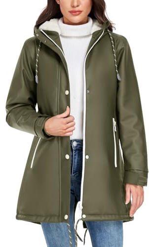 Vancavoo Rain Coats for Women Winter Waterproof Softshell Jackets Long Ladies Lightweight Raincoat Fleece Lined Windbreaker Breathable Outdoor Jacket with Hood,Army green,S