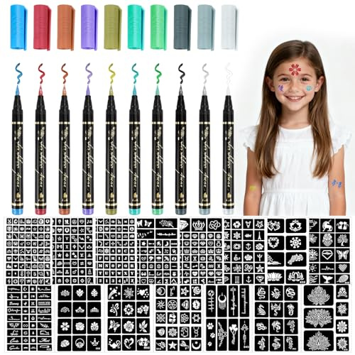 Kuvarix Tattoo Stifte Kinder, Glitzer Tattoo Set Kinder für die Haut mit 450 Tattoo Schablonen, 10 Farben Temporäre Tatoostift, TattooStifte für Erwachsene Geburtstage Party Halloween
