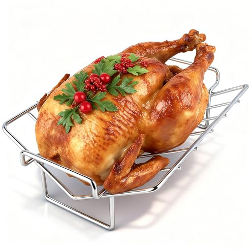 BBQ Stainless Steel Turkey Rack Roaster for Smoker Smoking Turkey Stand Grilling Rib Racks for Big Green Egg Accessories, Roast V Rack Dual Purpose fit for Large Big Green Egg and Kamado Joe Etc.