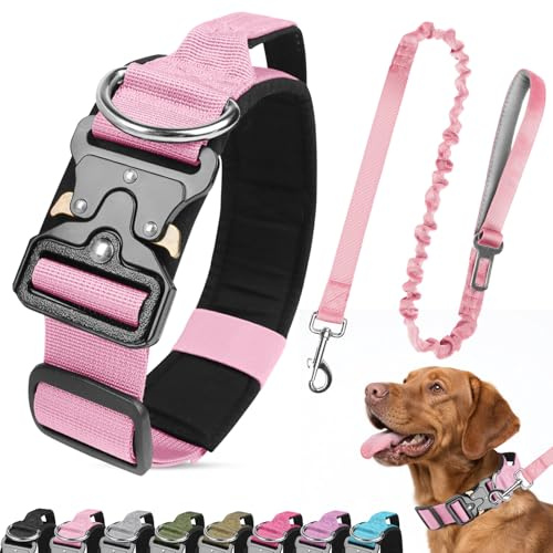 Ledeak Tactical Dog Collar and Leash Set, Heavy Duty Padded Dog Collar with Metal Buckle, Military Adjustable Nylon Pet Collars with Handle for Medium Large Dogs Training (Pink, L)