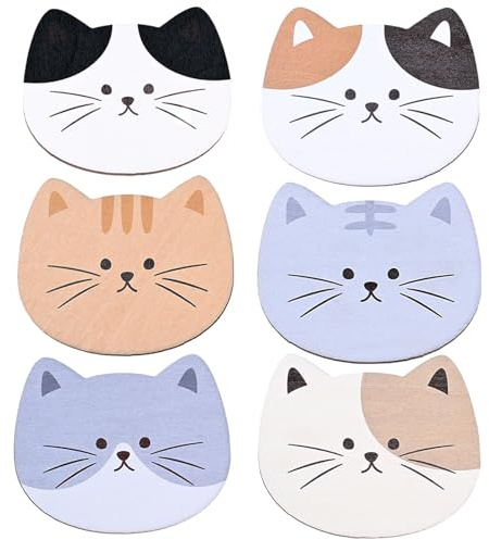 Ensemble De 6 PièCes Dessous De Verre Visage De Chat en Bois AntidéRapant Dessous De Verre Chat comme DéCoration De Bureau Et sous-Verres pour Boissons Chaudes Et Froides