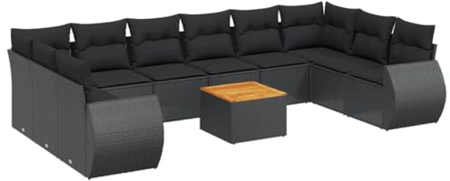 Foknhdi 11-TLG. Poly Rattan Gartenmöbel Set Schwarz 62x62x69 cm modular Ecksofa Mittelsofa mit Akazien-Tisch platzsparend für kleine Balkone Terrasse und Wintergarten