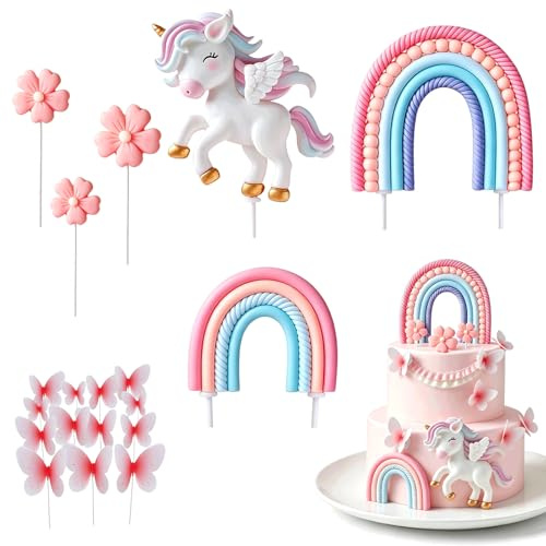 QEEYON Rainbow Unicorn Cake Toppers, 18Pcs Pink Rainbow Butterfly Flower Cake Toppers, Reusable Unicorn Party Supplies for Birthday Christmas Party Theme Shower Cake Decoration