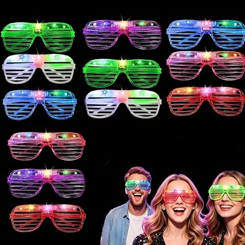 VerveFusion 12‑teiliges LED‑Partybrillen‑Set mit 6 Farben, Weiß Blau Rot Lila Pink Grün, leuchtende Shutter‑Brillen ausschließlich für Erwachsene, Festival‑ & Konzert‑Accessoire, Neon‑Party‑Gadget