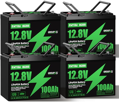 DATOUBOSS Batteria Litio 12V 100Ah, Batteria lifepo4 100ah con BMS 100A，Protezione a Basse Temperature, per Nautica, Caravane, Camper, Trolling Motors, Impianti Solari off-grid (12V-100AH-B-4PCS)