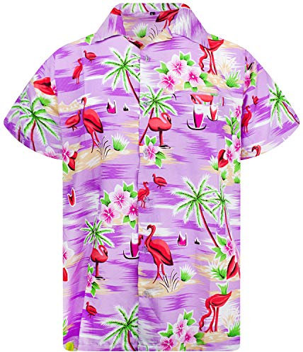 King Kameha Funky Hawaii-Hemd, Herren, Kurzarm, Flamingos, Violett, M