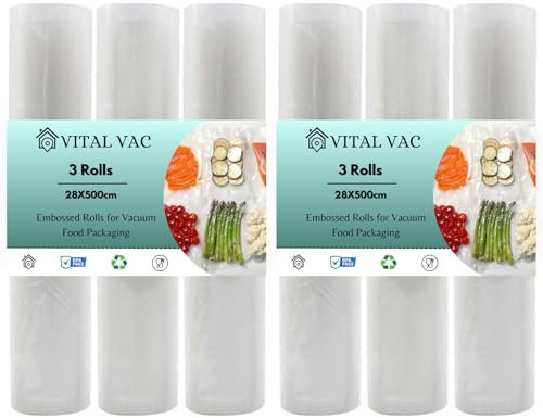 VITAL VAC 6 Rouleau Sous Vide Alimentaire 28cm x 500cm | Réutilisables | Valables pour Conservation, Congélation, Micro-ondes et Cuisson Sous Vide