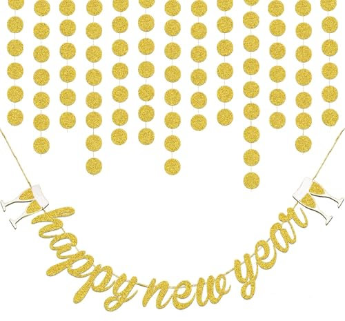 HOWAF Silvester Deko Set 2025, Gold Silvester Girlande Happy New Year Banner und Glitzer Kreis Punkte Girlande Hängend Dekorationen Neujahrsdeko 2025 Silvester Party Deko Accessories