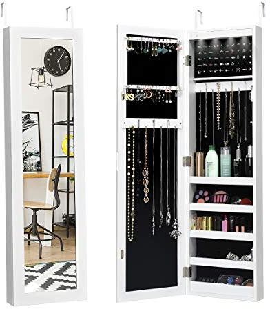 GOPLUS Schmuckschrank mit LED-Beleuchtung, Schmuckregal mit Spiegel, Spiegelschrank Schmuckorganizer, Wandmontage und Türmontage, Magnetverschluss, mit Stauraum für Halsketten, Ringe, Ohrringe, Kosmet