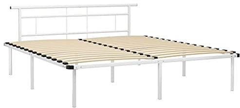vidaXL Bed Frame - 6FT Super King Sized, White Powder-Coated Metal Design with Sturdy Plywood Slats - 200 x 180 x 78 cm