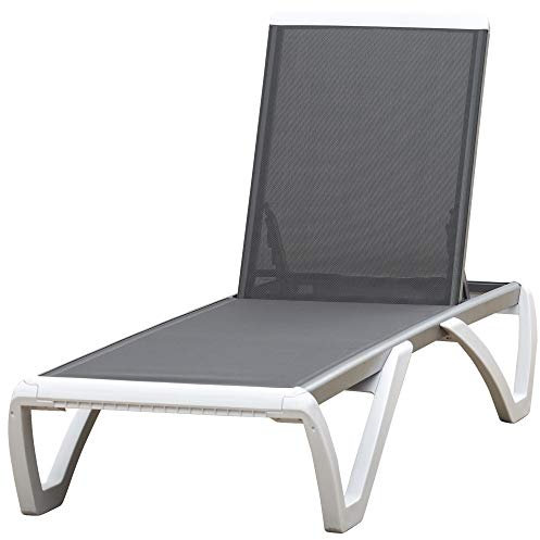 Outsunny Tumbona Reclinable de Jardín de Aluminio con Ruedas y Respaldo Ajustable en 5 Niveles Sillón Relax para Terraza Balcón Piscina 170x67,5x95 cm Gris Blanco