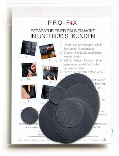 DJR PRO FIX: Einfach zu verwendende Flicken-Sets für Daunenjacken - Selbstklebende, wasserfeste, reißfeste Flicken zur Reparatur von Kleidung, Schlafsäcken, Zelten, Outdoor-Ausrüstung - Dunkelgrau