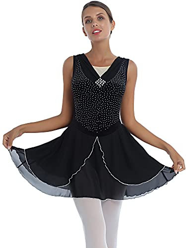 ranrann Damen Ballettkleid Ballettanzug Ärmellos Gymnastikanzug Turnanzug Samt Top Oberteil mit Strass Chiffon Rock Frauen Tanzbekleidung Performance Schwarz M