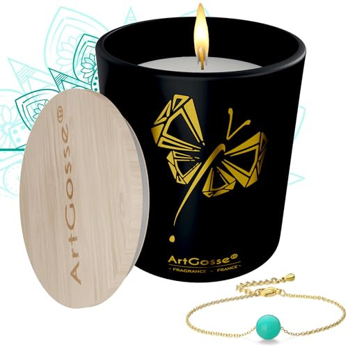 ArtGosse - Schmuckkerze mit Duft Liebesapfel - Schmuckstück mit Swarovski®-Kristallen - Kerze aus Pflanzenwachs 60 Stunden - Geschenkbox aus Holz - Armband mit 2 ineinander verschlungenen Herzen