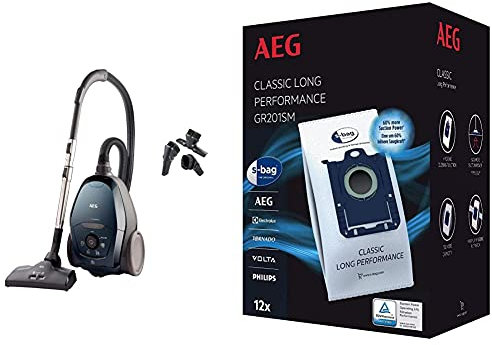 AEG VX82-1-2ST Aspiradora de Trineo con Bolsa, 600 W de Potencia, Filtro Higiénico Lavable + GR201SM Mega Plack Bolsa S-Bag Classic Long Performance, Papel, Sintético, Azul, Blanco
