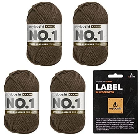 myboshi No.1 Wolle zum Häkeln und Stricken, Schnellstrickgarn, inkl. Label, Strickwolle, Häkelwolle, mulesing-frei, Ll. 55m /50g, 30% Wolle (Merinowolle) Braun (Kakao), 4 Knäuel