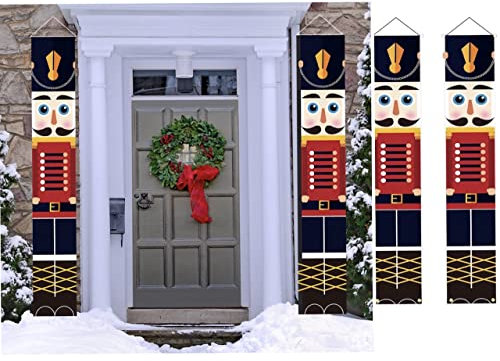 JunmeUir Nutcracker Christmas Banners Decorations, Life Size Nutcracker Soldier Model Hanging Banner for Wall Porch Sign Front Door Yard Garden Indoor Outdoor Xmas Decor