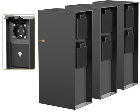 ledscom.de 3 Stück Garten Steckdosensäule POMI für außen, IP44, Smart Home, WLAN, Alexa, 3-Fach, Edelstahl, anthrazit, eckig, 23 cm