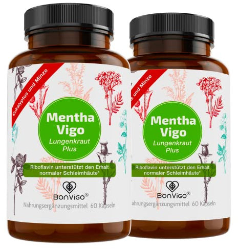 BonVigo® MenthaVigo Lungenkraut & Eukalyptus 120 Kapseln - 11 Pflanzen-Extrakte - Riboflavin zum Erhalt normaler Schleimhaut, z.B. Hals, Nase Bronchien, Selen für normale Funktion Immunsystem (2)