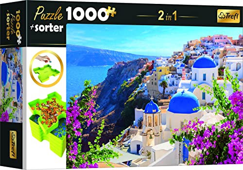 Trefl 10657 Puzzle 1000 Teile, Sorter 6 Fächer, Ordnen, Sortieren, Transportieren und Aufbewahren, Kreative Unterhaltung, Für Erwachsene und Kinder ab 12 Jahren Set 2in1, Sommerferien auf Santorini