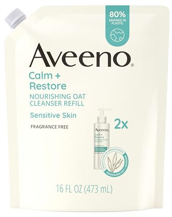 Aveeno Calm + Restore Nourishing Oat Facial Cleanser for Sensitive Skin, Gentle Face Wash with Nourishing Oat & Calming Feverfew, Hypoallergenic, Fragrance-Free, Refill Pouch, 16 fl oz