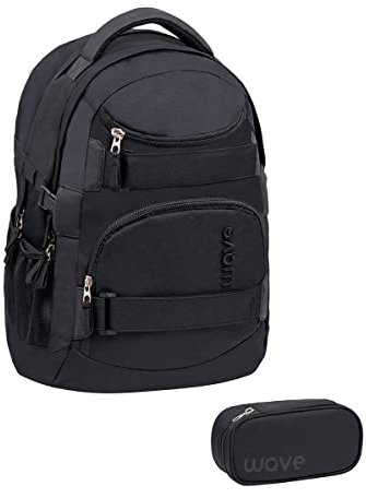 Wave Infinity Schulrucksack Set 2 - teilig mit Laptopfach Tabletfach / 43 x 31 x 22 cm / 30 Liter/Unisex Jungen Mädchen/Rucksack Daypack (338-72/A Set1 Posh Black)