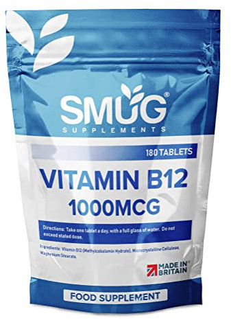SMUG Supplements Vitamin B12 Tablets - 180 High Strength 1000mcg Pills - Contributes to The Reduction of Fatigue and Tiredness - Suitable for Men and Women - Vegan Friendly - Made in Britain
