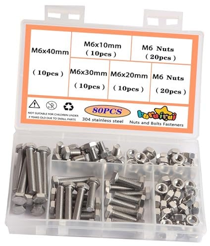 huruirui M6 Nuts and Bolts-304 Stainless Steel Screws and Nuts Set - Rustproof, Full Assortment of Hex Bolts Set for Durable and Perfect for Indoor and Outdoor Use 80PCS