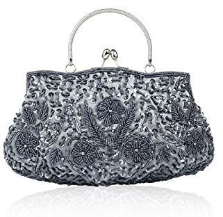 CORIOS Damen Handgemachte Perle Handtasche Floral Abendtasche Vintage Clutch Tasche Elegante Schultertasche Klein Tasche Kette Umhängetasche Hochzeit Bankett-Party Abschlussball Tasche Grau