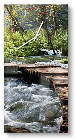 DEQORI Glasuhr | horizontal 30x60 cm | Motiv Rauschender Waldbach | große XXL Design Uhr aus Glas | leise Wanduhr für Wohnzimmer & Küche | moderne Hingucker Uhr für die Wand