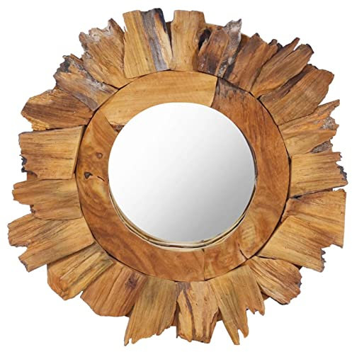 JUNZAI Wandspiegel 40 cm Teak Rund, Wall Mirror, Spiegel Schlafzimmer, Garderobenspiegel, Spiegel Schmal - 288803