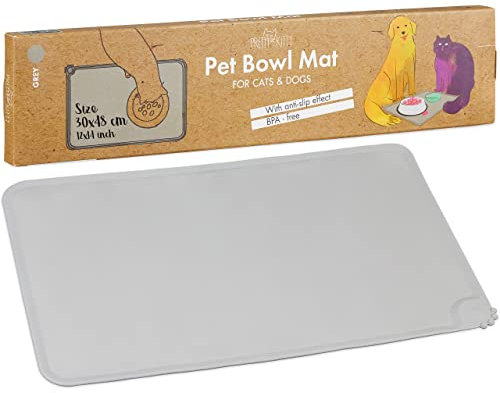 Napfunterlage für Katzen und Hunde in grau – lebensmittelechtes Silikon – rutschfeste Unterlage für Futternapf Hund und Katzen Futternapf – 30x48cm – wasserdichte Napf Matte von PRETTY KITTY