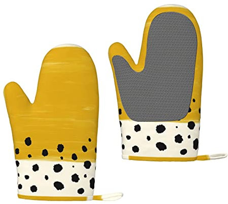 Heat Resistant Silicone Oven Gloves Sets Of 2 - Mustard Yellow And Black Kitchen Non-Slip Silicone Oven Mitts 1 Pair For Baking Cooking Bbq