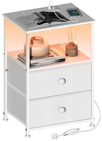 VEDECASA White Bedside Table with Charging Station Bedside Drawers with 2 Fabric Drawers Modern Nightstand with LED Light Side Tabel End Table for Bedroom Living Room Sofa Couch