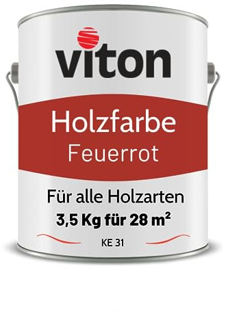 Viton Holzfarbe in Rot - 3,5 Kg Holzlack Seidenmatt - Wetterschutzfarbe für Außen - 3in1 Grundierung & Deckfarbe - Profi-Holzschutzlack - KE31 - RAL 3000 Feuerrot