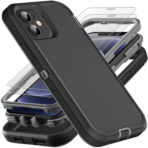 YKHJKLEC for iPhone 12 Mini Case, Military Grade 3 in 1 Heavy Duty Shockproof/Drop Proof/Dust Proof Case with 2Pcs Tempered Glass Screen Protector (Black/Grey)
