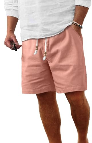 Comdecevis Men's Casual Linen Shorts Elastic Waist Drawstring Summer Beach Shorts, Flamingo, Medium